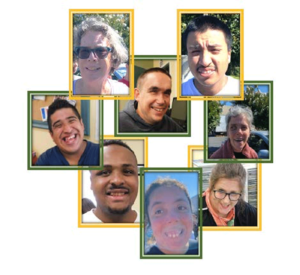 collage of 8 people with green and yellow frames around their faces 